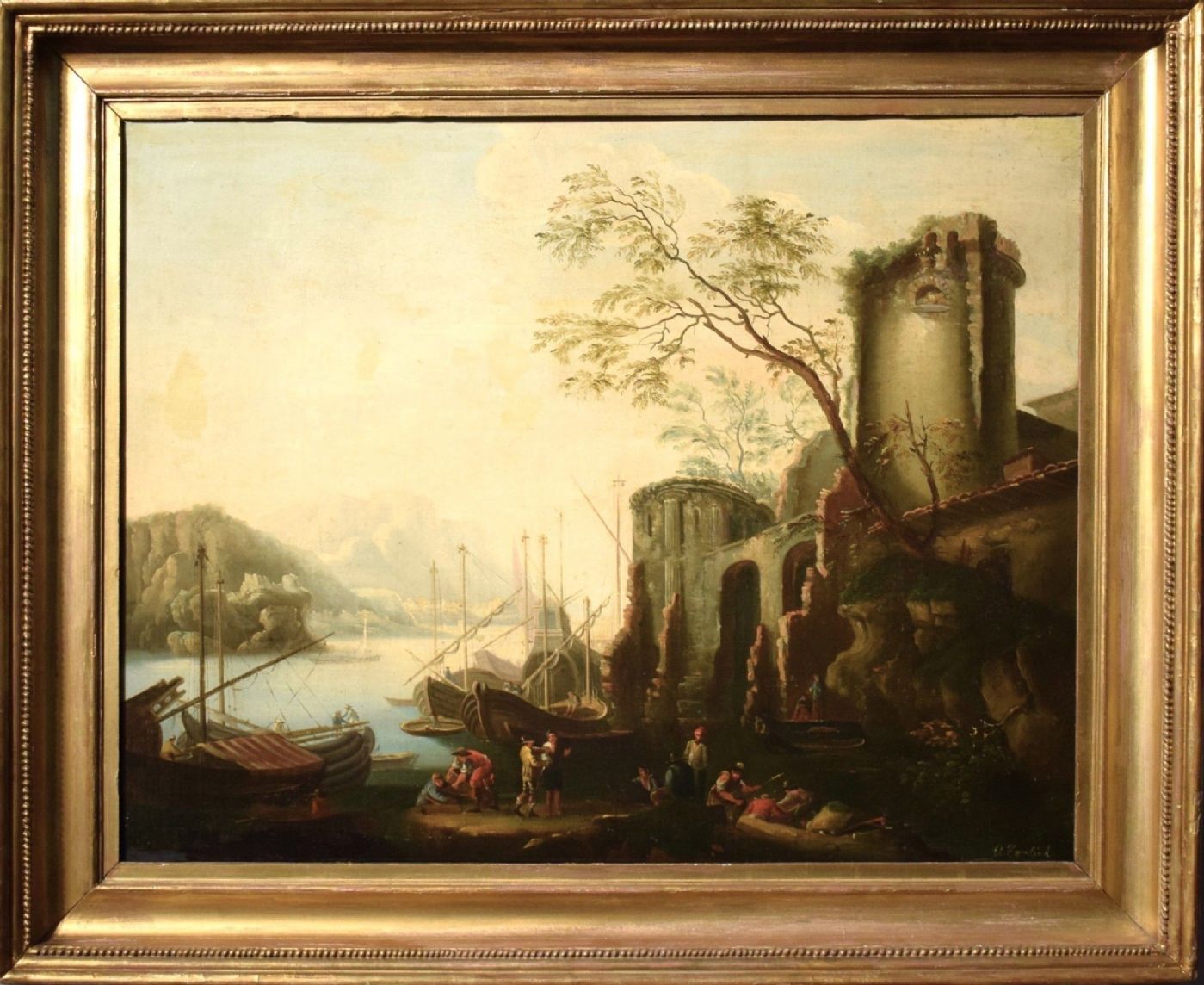 Paesaggio costiero con scena portuale